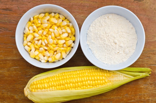 Corn and starch on wood table