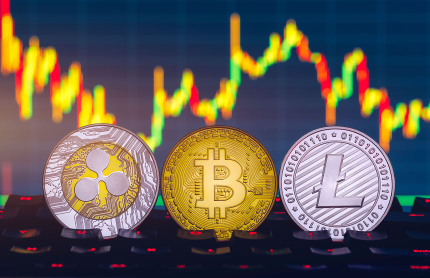 Bitcoin, litecoin and ripple coins currency finance money on gra